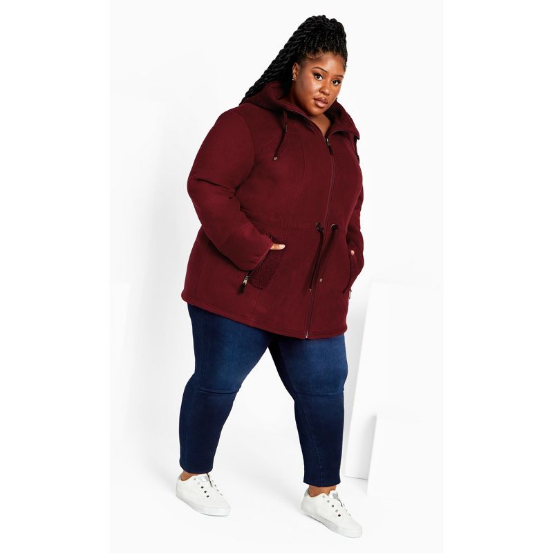 Women's Plus Size Fleece Hood Coat - rhubarb | AVENUE, 2 of 9