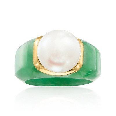 Ross-Simons 11.5-12mm Cultured Pearl and Jade Ring With 14kt Yellow Gold