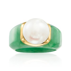 Ross-Simons 11.5-12mm Cultured Pearl and Jade Ring With 14kt Yellow Gold - 1 of 4