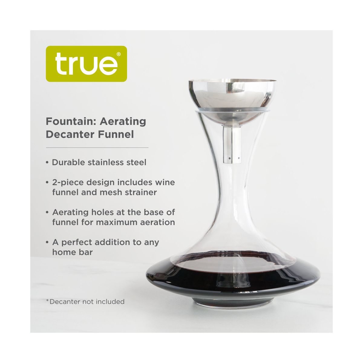 True Fountain Aerating Decanter Funnel and Mesh Strainer, Durable Stainless Steel, 2-Piece Set, Wine Aerator and Sediment Filter for Home Bar Gifts - thumbnail 2