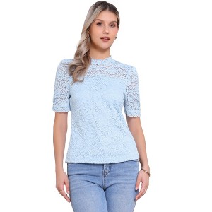 INSPIRE CHIC Women's Floral Lace Mock Neck Puff Short Sleeve Elegant Blouse - 1 of 4