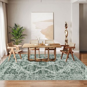 Area Rug Retro Boho Pattern Washable Ultra-Thin Non Slip Living Room Dining Bedroom & Office Dark Green - 1 of 4