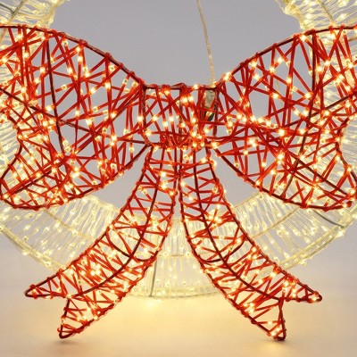 1.6-Foot Gold LED Christmas Wreath with Red Light Bow