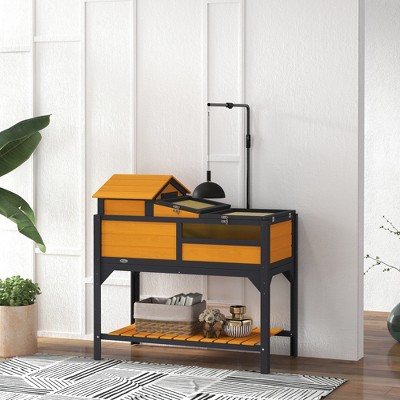 Yellow Dual-Level Wooden Tortoise Habitat with Adjustable Lamp Holder