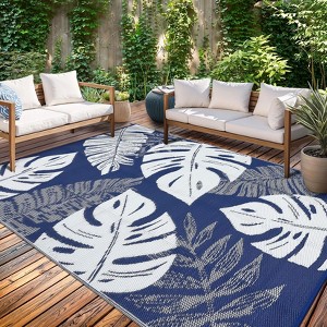 Outdoor Rug 9 x 12 Modern Plastic Straw Rug, Waterproof Tropical Leaf Patio Carpet, UV-Resistant Reversible Mat, Large Outside Woven Rug for Backyard - 1 of 4