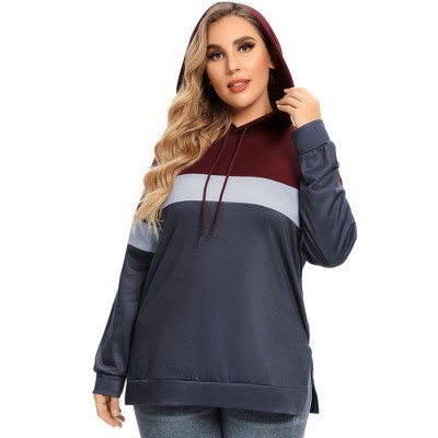 WhizMax Women Plus Size Striped Color Block hoodie Drawstring Long Sleeve Hooded Pullover Sweatshirt