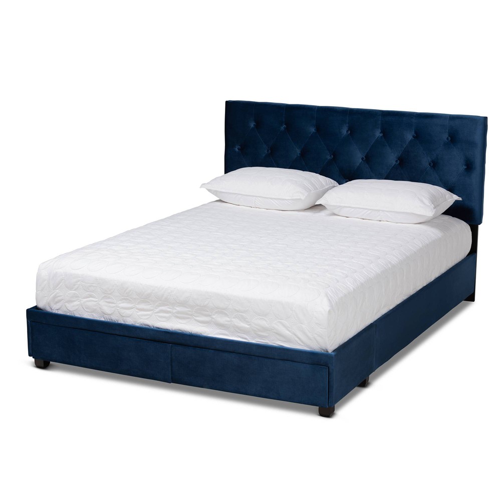 Photos - Bed Queen Caronia Velvet Upholstered 2 Drawer Platform Storage  Navy Blue - Baxton Studio: Chic Tufted Headboard, No Box Spri