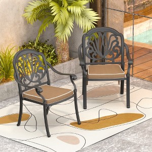 Cast Aluminum Stacking Patio Armchairs with Black Frame & Espresso Brown Plush Cushions - 1 of 4