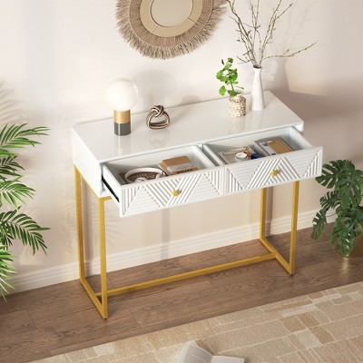 Modern Sleek Console Table Two Drawers with Stripe Design for Living Room and Entryway