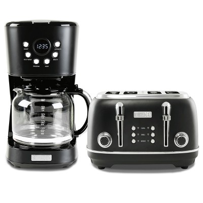 Haden Heritage 4 Slice Wide Slot Stainless Steel Toaster Bundled with 12 Cup Programmable Drip Coffee Maker Coffee Machine, Black & Chrome