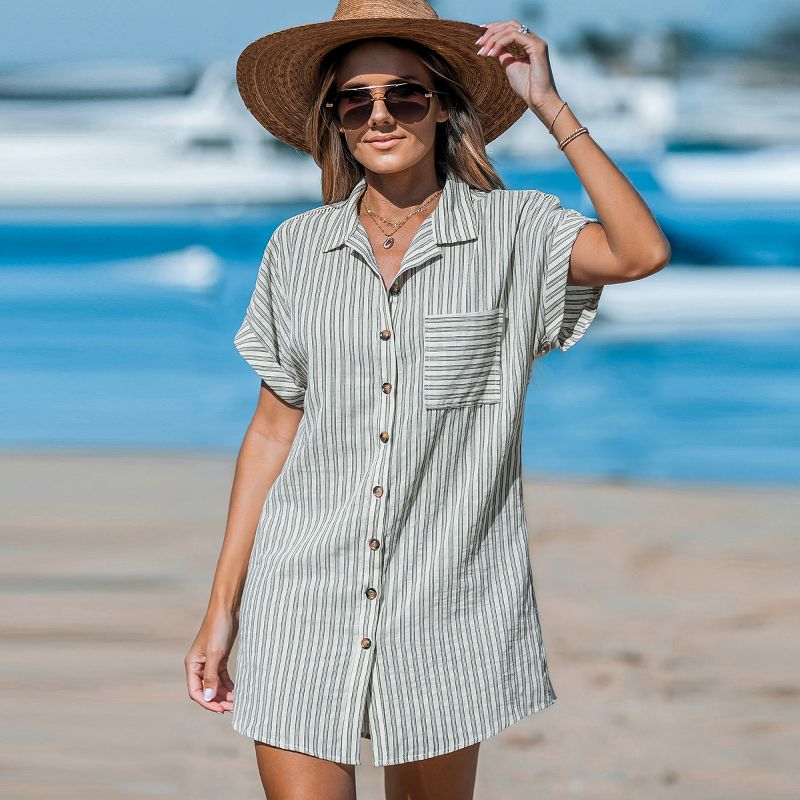 Women's Striped Collared Button-Up Mini Cover-Up Dress - Cupshe, 5 of 8