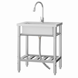 Coucheta 24 Inch Commercial Kitchen Sink, Single Bowl Stainless Steel Sink, Pull-Out Faucet, Freestanding Washing Hand Basin with Open Shelf - 1 of 4