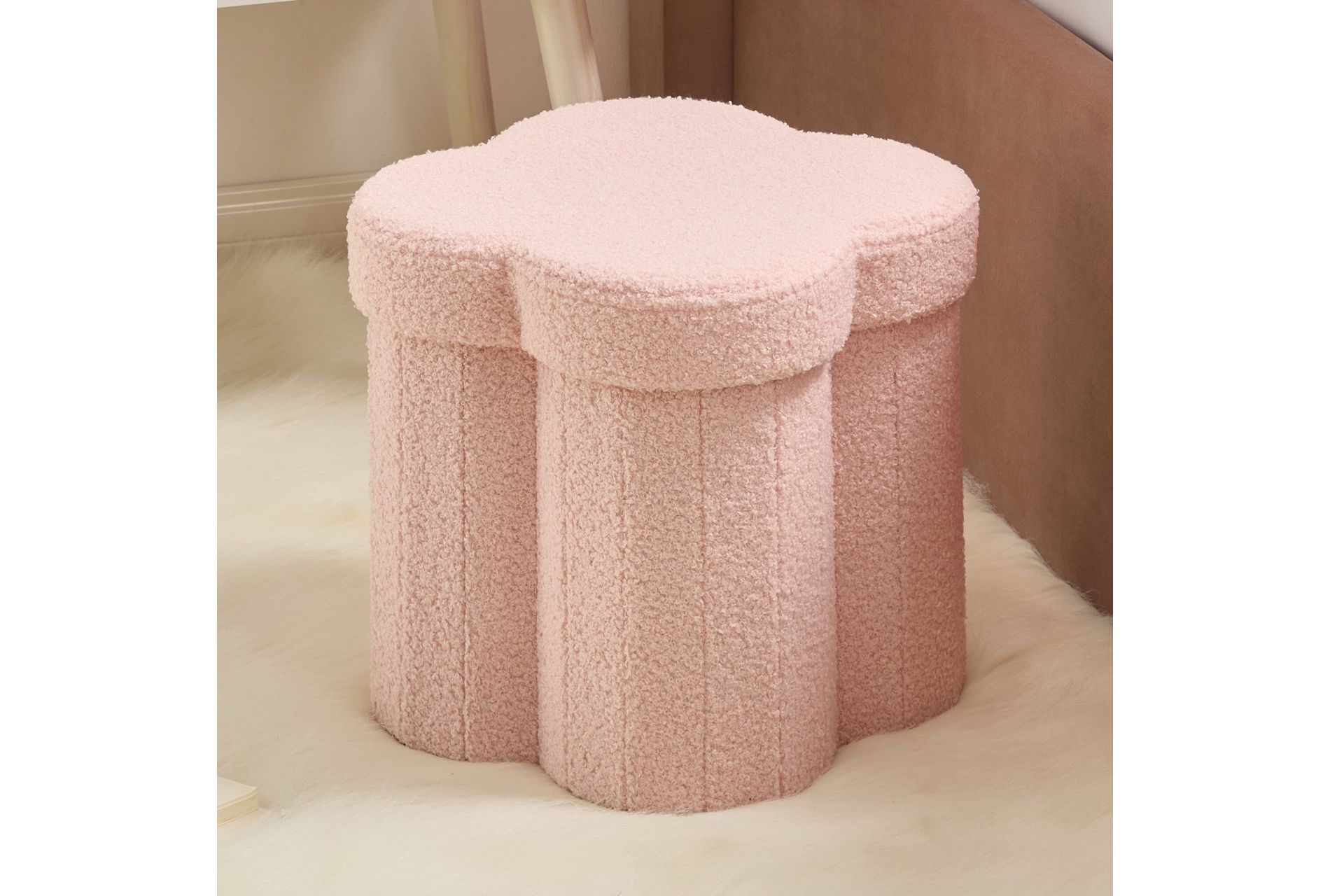 Ornavo Home Pink Boucle Flower 12" Storage Ottoman - Footstool - Perfect for Dorm, Living Room and Bedroom