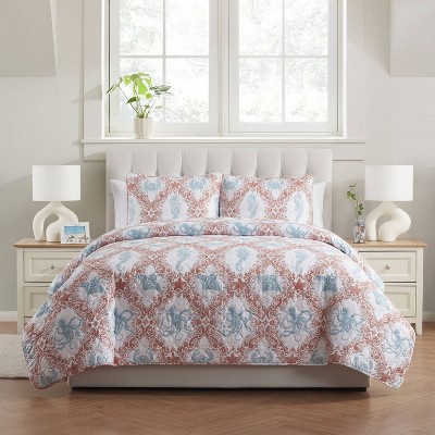 Vcny 3pc Home Coastal Coral Pink Printed Sealife Quilt Set : Target