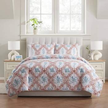 VCNY 3pc Home Coastal Coral Pink Printed Sealife Quilt Set