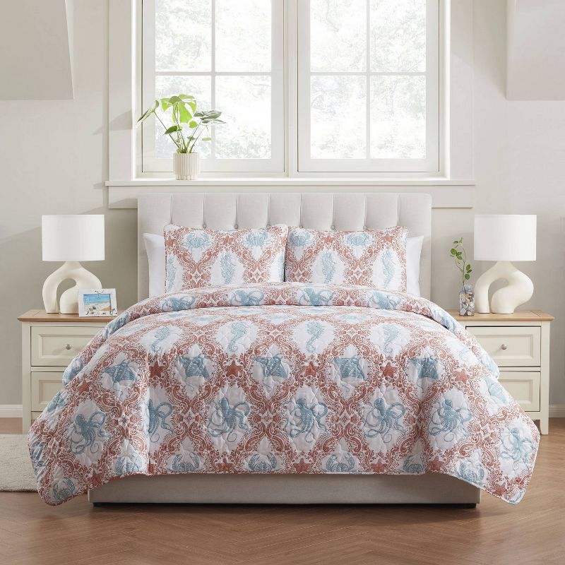 VCNY 3pc Home Coastal Coral Pink Printed Sealife Quilt Set, 1 of 7