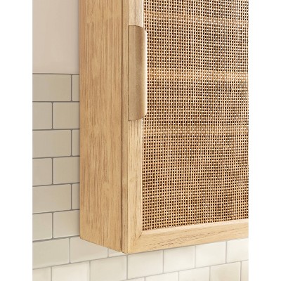 Natural Rattan and Wood Wall Cabinet with Shelves