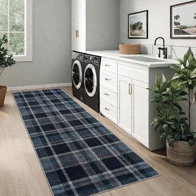 Washable Non-Slip Runner Rug - Plaid Hallway, Kitchen, Entryway Mat - Stain Resistant Farmhouse Carpet