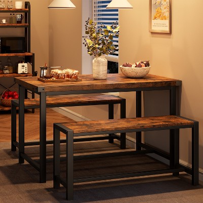 Dining Table Set for 4 with 2 Benches, Kitchen Table Set for 4-6 with Corner Protector and H-Shaped Frame for Small Space, Kitchen, Apartment