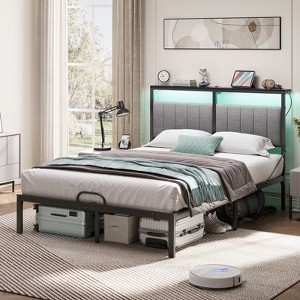 Bestier Queen Bed Frame with Upholstered Headboard Mattress Slide Stopper |  Platform Bedframe with LED Lights, Sturdy Metal Legs Black - 1 of 4