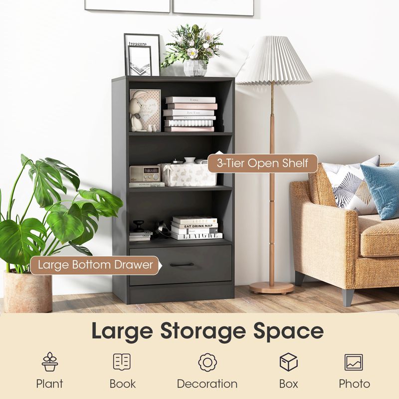 Tangkula 4-Tier Bookcase w/Storage Drawer Modern Storage Shelf w/3-Tier Open Shelf Freestanding Display Shelf Grey/Natural/White, 5 of 9
