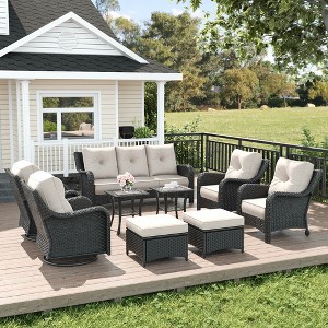 LayinSun Wicker Outdoor Furniture Set with 6-inch Comfy Cushions, High Back Patio Furniture Set with Swivel Rocking Chairs and Side Table - 1 of 4