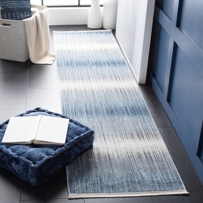 Blue and Ivory Hand-Knotted Wool Runner Rug