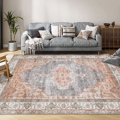 8x10 Vintage Boho Floral Area Rug, Washable Non-Shedding Low Pile Indoor Carpet