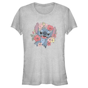 Juniors Lilo & Stitch Floral Distressed Stitch T Shirt - 1 of 4