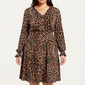 Anna-Kaci Women's Long Sleeve Leopard Print Midi Dress with V Neck Elastic  Waist Flowy A Line Fit Casual Dress - 2X, Brown : Target