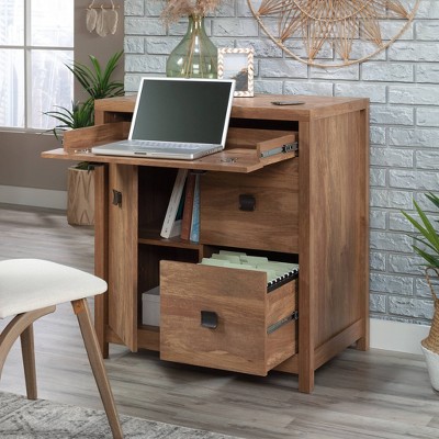 Small Brown Wood Credenza with Drawers and Keyboard Tray