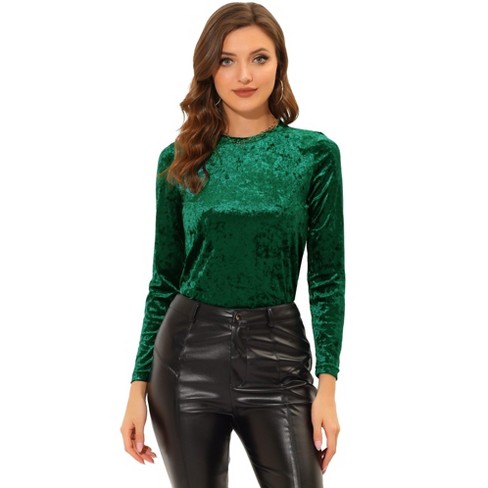 Allegra K Women's Velvet V Neck Long Sleeve Solid Button Down Blouse Shirt  X-Small Green at  Women's Clothing store