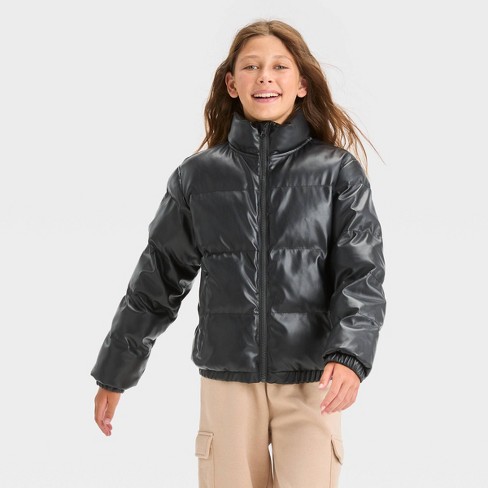 Girls' Solid Cropped Puffer Jacket - art class™ Black XS