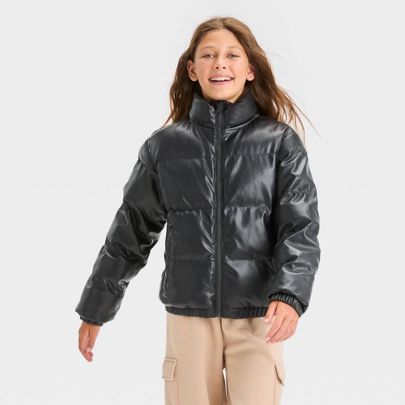 Girls' Solid Cropped Puffer Jacket - art class™ Black, 1 of 5