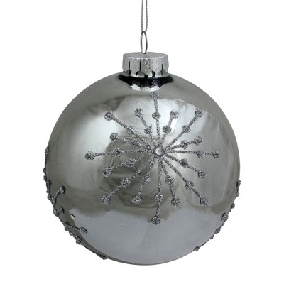 Northlight Shiny Silver Mirrored with Glitter Snowflakes Christmas Ball Ornament 4" (101mm)