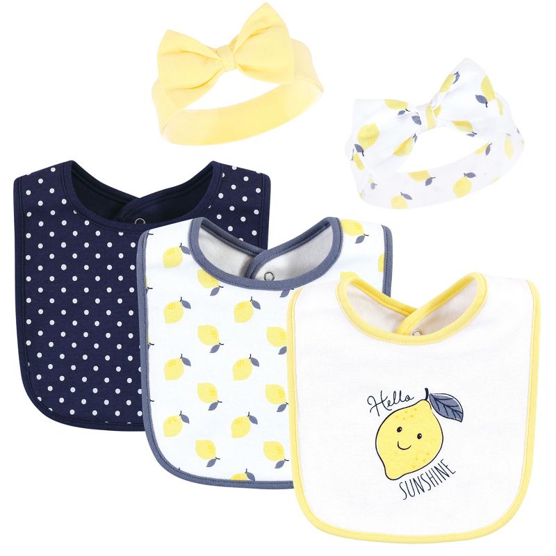 Hudson Baby Infant Girl Cotton Bib and Headband or Caps Set, Navy Lemon, One Size, 1 of 7
