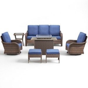 Buenhomino Patio Furniture with Fire Pit, Wicker Outdoor Couch and Swivel Rocking Chairs, Propane Fire Pit Conversation Set - 1 of 4