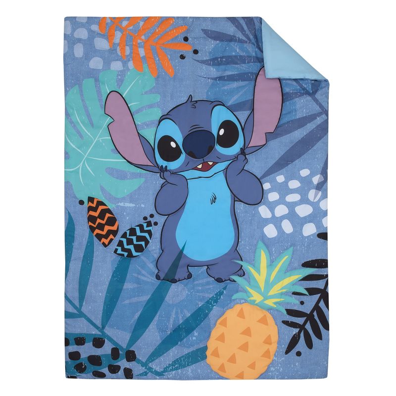 Disney Stitch Weird But Cute Blue, Teal and Coral 4 Piece Toddler Bed Set - Comforter, Fitted Bottom Sheet, Flat Top Sheet, and Reversible Pillowcase, 2 of 7