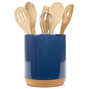 Elanze Designs Glossy X-Large Ceramic Stoneware Cork Bottom Kitchen Utensil Holder, Navy Blue - 1 of 4