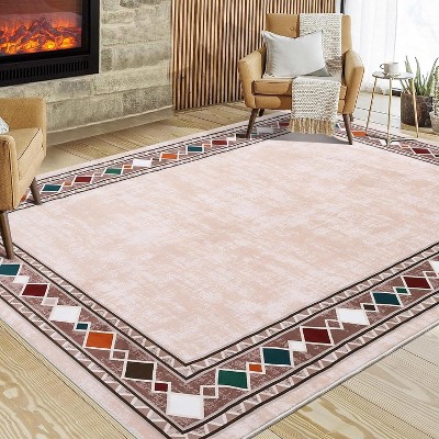 Modern Bathroom Runner Rug, Washable Hallway Accent Rug, Geometric Border Non Slip Area Carpet for Entryway Living Room Laundry Kitchen