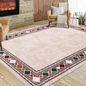 Modern Bathroom Runner Rug, Washable Hallway Accent Rug, Geometric Border Non Slip Area Carpet for Entryway Living Room Laundry Kitchen - 1 of 4