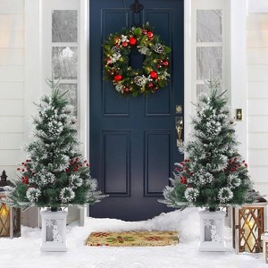 Clearance! 3 FT Artificial Pre-Lit Christmas Tree with Deer Lightbox, Vintage Potted Base, Snow Flocked, Easy Setup - 1 of 4