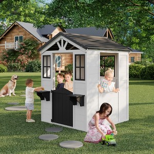 Cedar Wooden Kids Playhouse with Play Kitchen, Wooden Adventures Cottage for Backyard, Outdoor Toddler Playhouse for Kids with Vinyl Roof - 1 of 4
