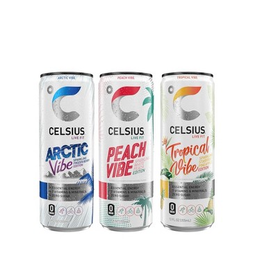 CELSIUS Variety Pack - Peach Vibe, Tropical Vibe & Arctic Vibe - 12 Fl Oz (Pack of 18)