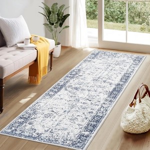 2x6 Washable Runner Rug, Non-Slip, Vintage Floor Carpet, Low Pile, Distressed Pearl Velvet, Foldable, Soft, Bathroom, Laundry, Entryway, Blue. - 1 of 4