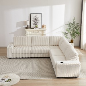 110" Oversized L-Shaped Corduroy Corner Sofa with USB & Type-C Port, Storage Armrest, Cup Holders, Deep Seat Sectional Couch for Living Room - 1 of 4