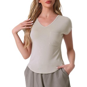 cheibear Women's Viscose Smile-shaped Hem V-Neck Pajamas Top with Chest Pocket - 1 of 4