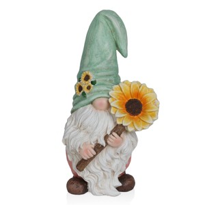 Alpine Corporation Gnome with Turquoise Hat Holding Sunflower Décor: Ceramic, 21" High Outdoor Statue - 1 of 4