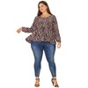 Agnes Orinda Women's Plus Size Round Neck Button Up Puff Floral Long Sleeve Casual Peplum Blouses - 3 of 4