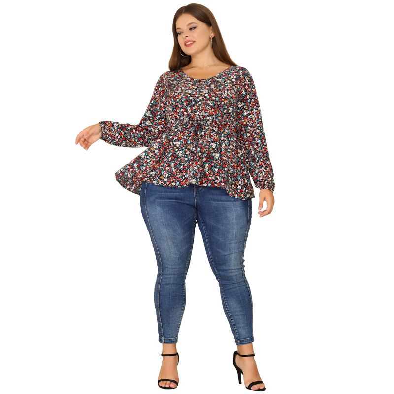 Agnes Orinda Women's Plus Size Round Neck Button Up Puff Floral Long Sleeve Casual Peplum Blouses, 3 of 6